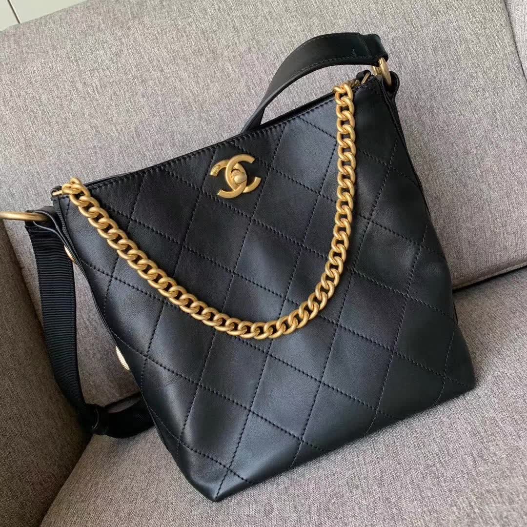 Chanel Button Up Hobo bag in quilted black calfskin leather with gold-tone hardware