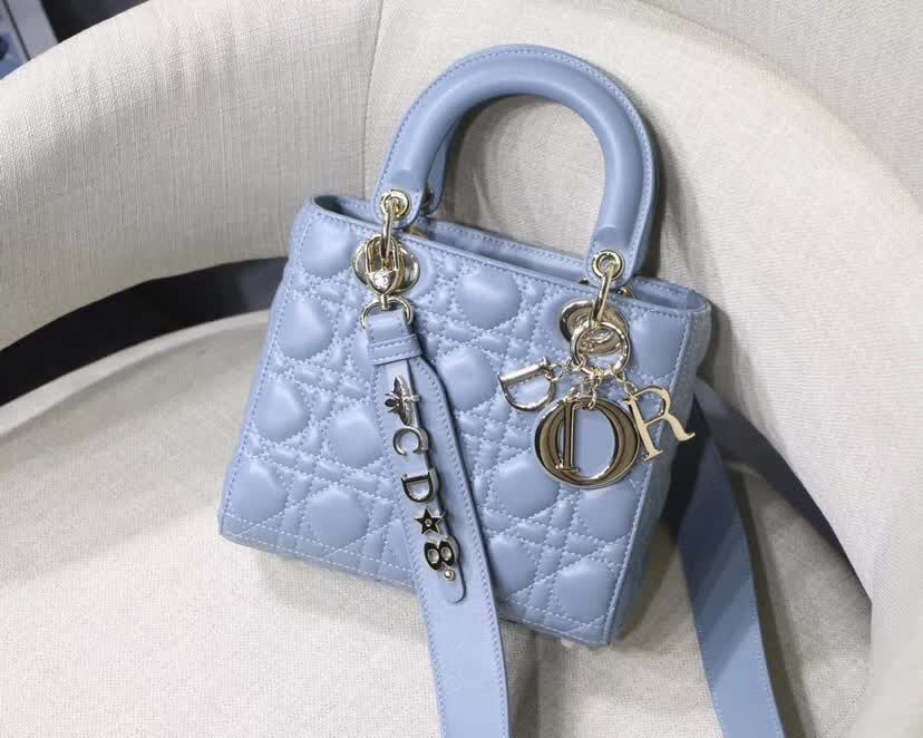Dior Lady Dior bag blue Cannage lambskin and silver-finish metal charms