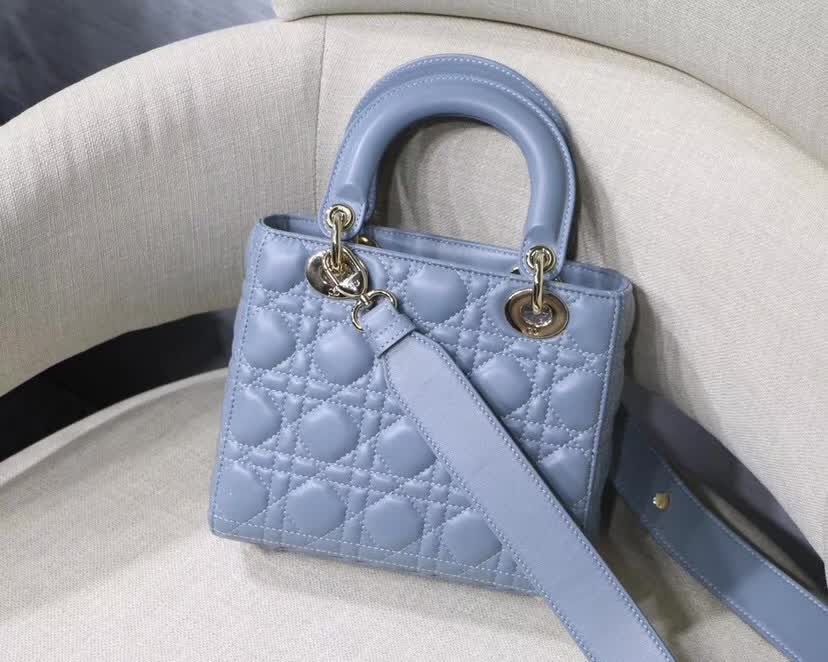 Dior Lady Dior bag blue Cannage lambskin and silver-finish metal charms