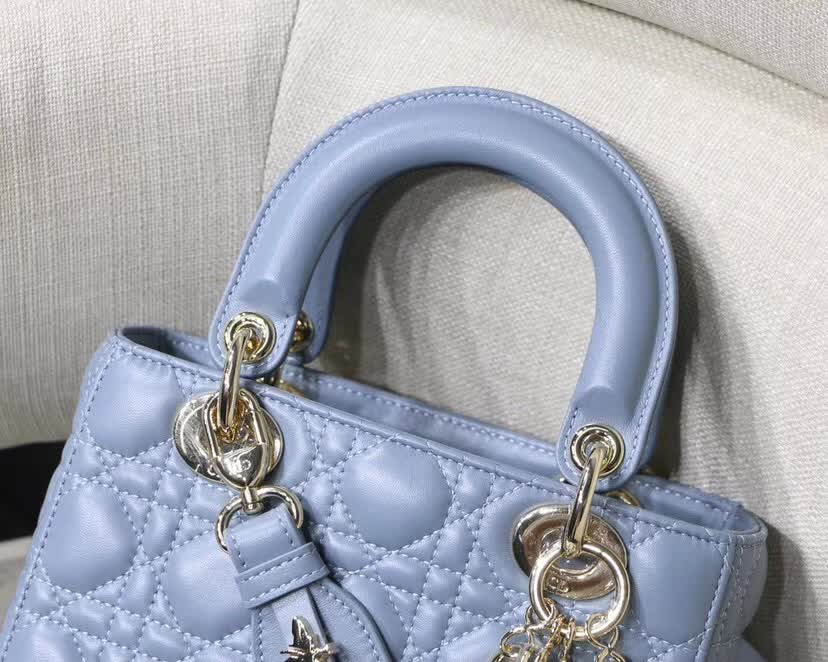 Dior Lady Dior bag blue Cannage lambskin and silver-finish metal charms