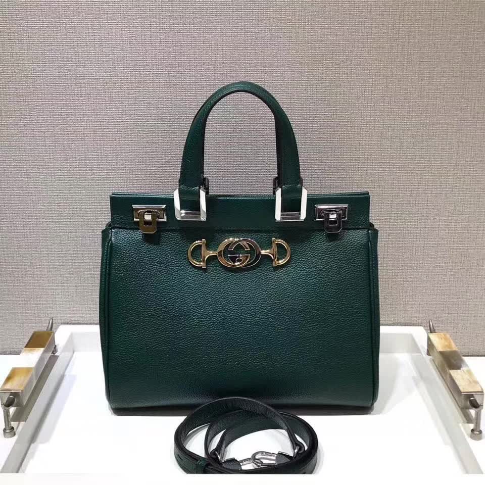 Gucci Grainy Calfskin Small Zumi Top Handle Bag dark green grainy calfskin leather