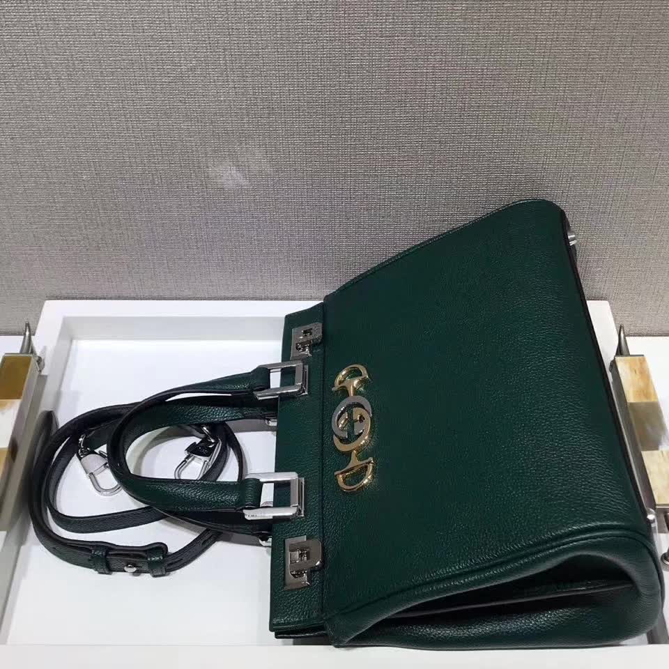 Gucci Grainy Calfskin Small Zumi Top Handle Bag dark green grainy calfskin leather