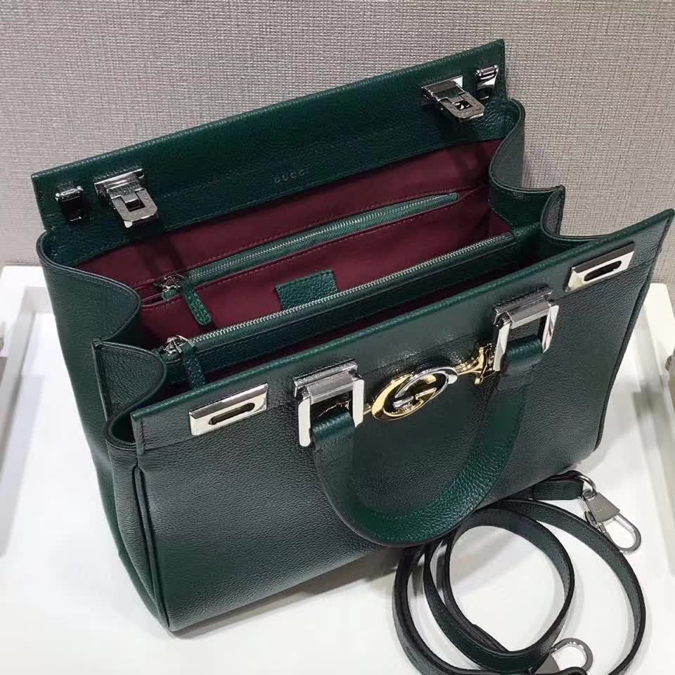 Gucci Grainy Calfskin Small Zumi Top Handle Bag dark green grainy calfskin leather