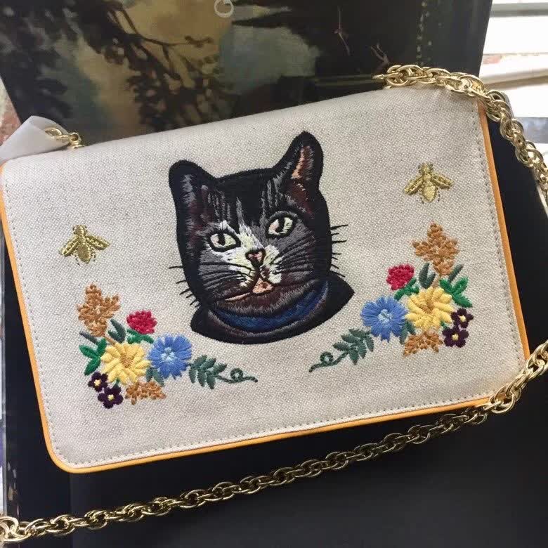 Gucci Linea Ricami Floral Cat Embroidered Shoulder Bag
