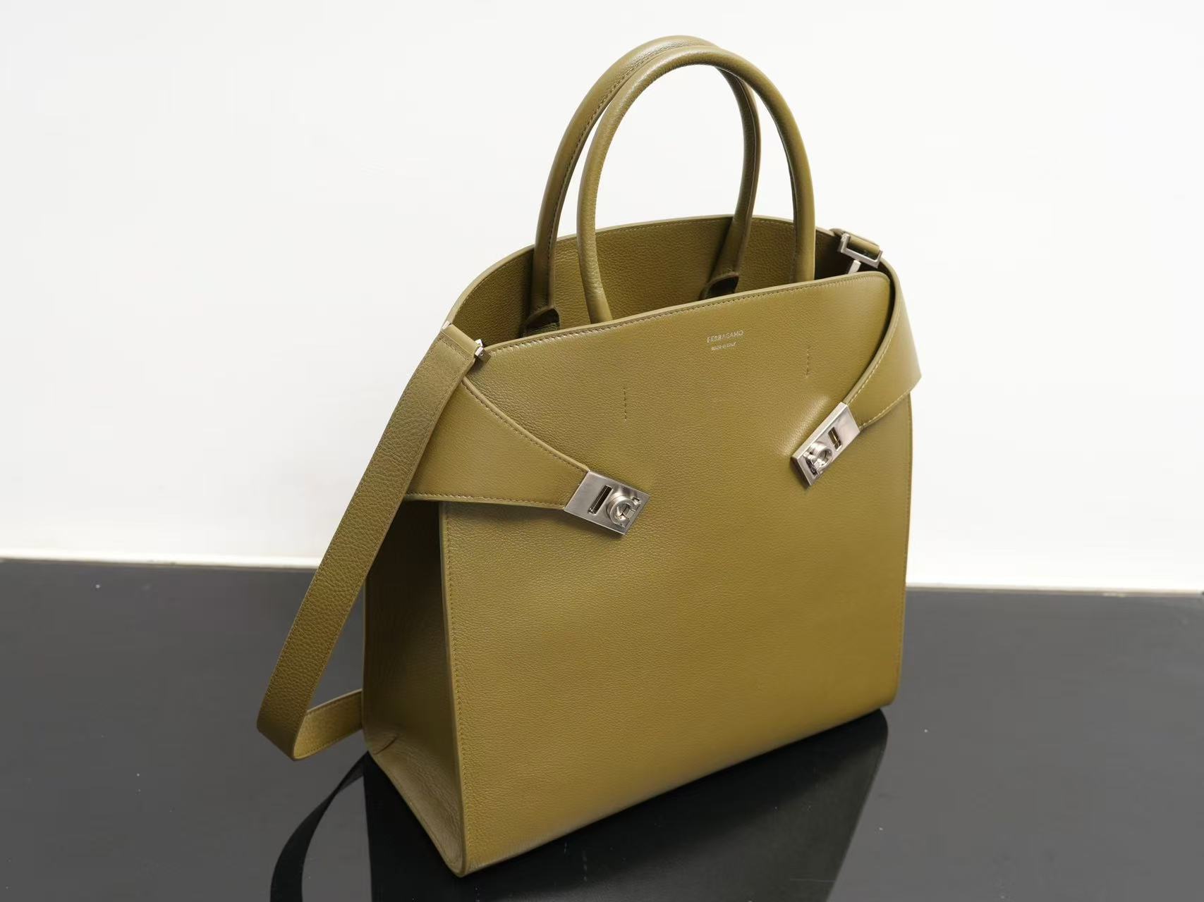 Ferragamo Hug Soft Bicolor Leather Shoulder Bag in moss green Black