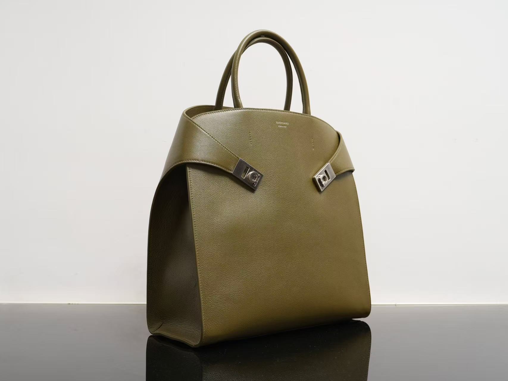 Ferragamo Hug Soft Bicolor Leather Shoulder Bag in moss green Black