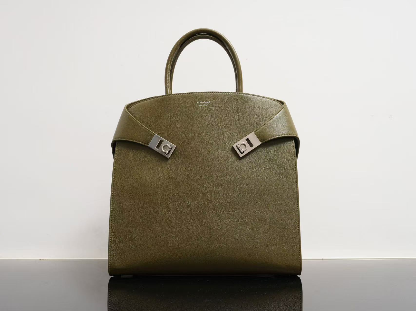Ferragamo Hug Soft Bicolor Leather Shoulder Bag in moss green Black