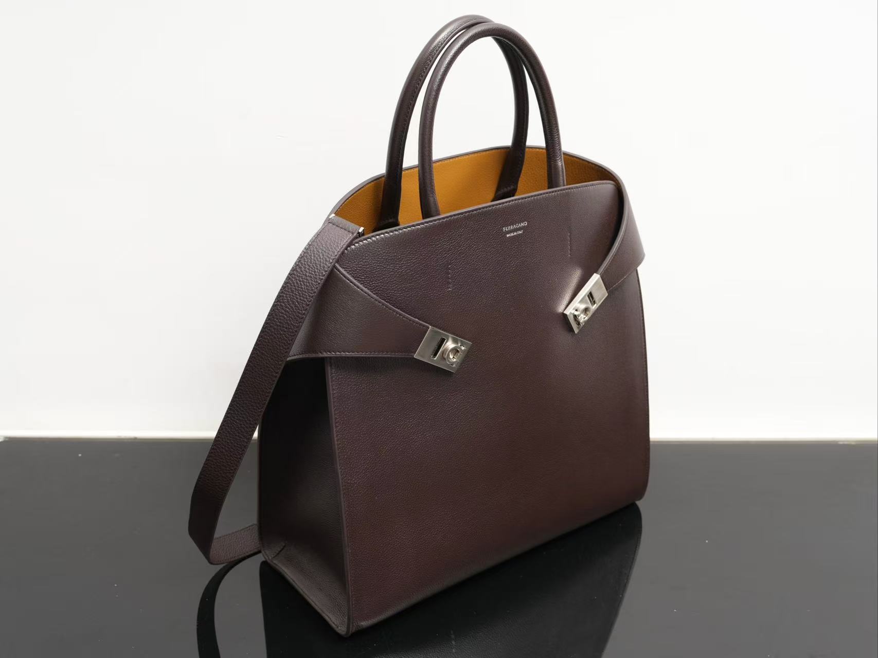 Ferragamo Hug Soft Bicolor Leather Shoulder Bag in moss green Black