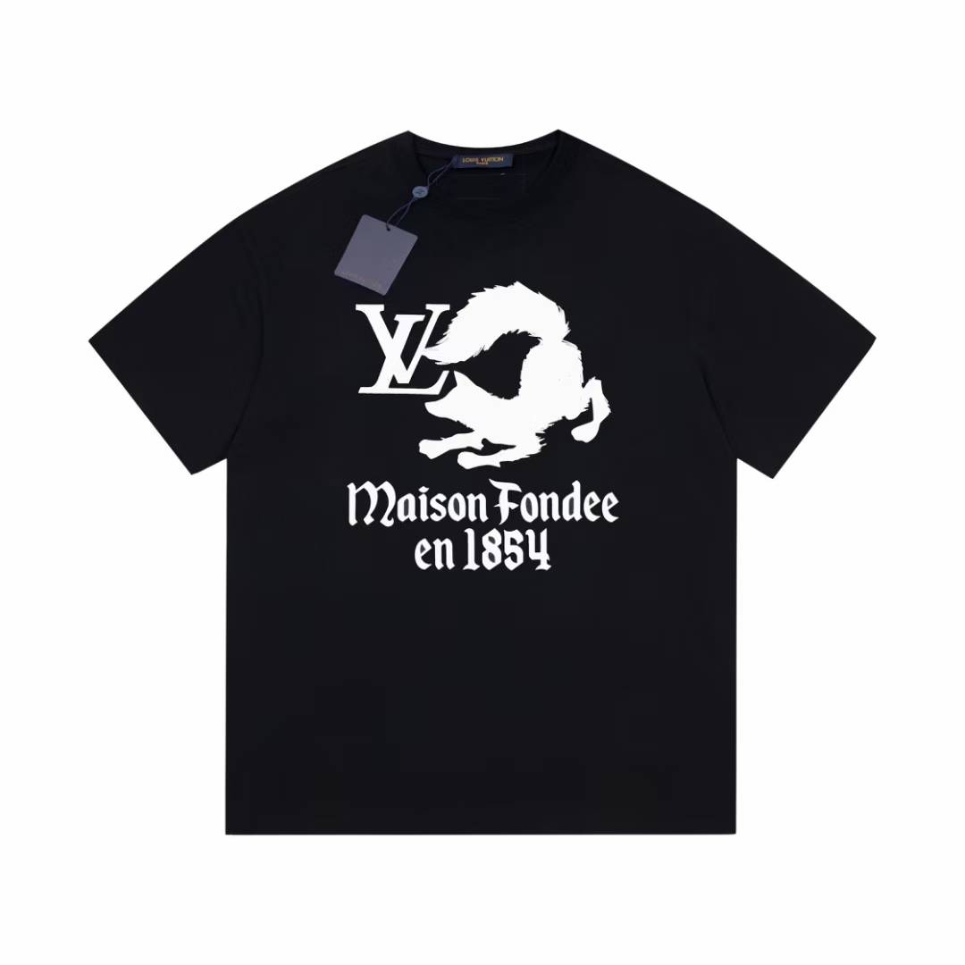 LV t-shirt featuring a white graphic logo of a fox or wolf alongside the "LV" monogram and the text "Maison Fondee en 1854"