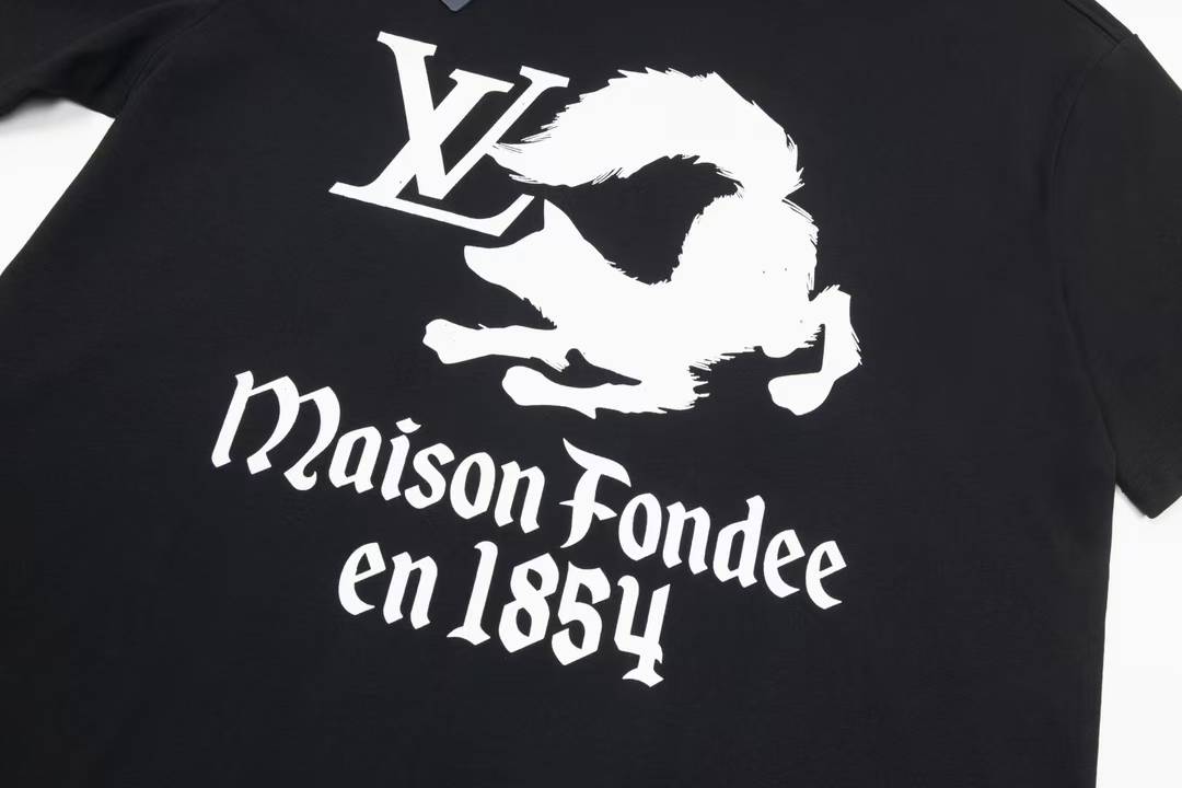 LV t-shirt featuring a white graphic logo of a fox or wolf alongside the "LV" monogram and the text "Maison Fondee en 1854"