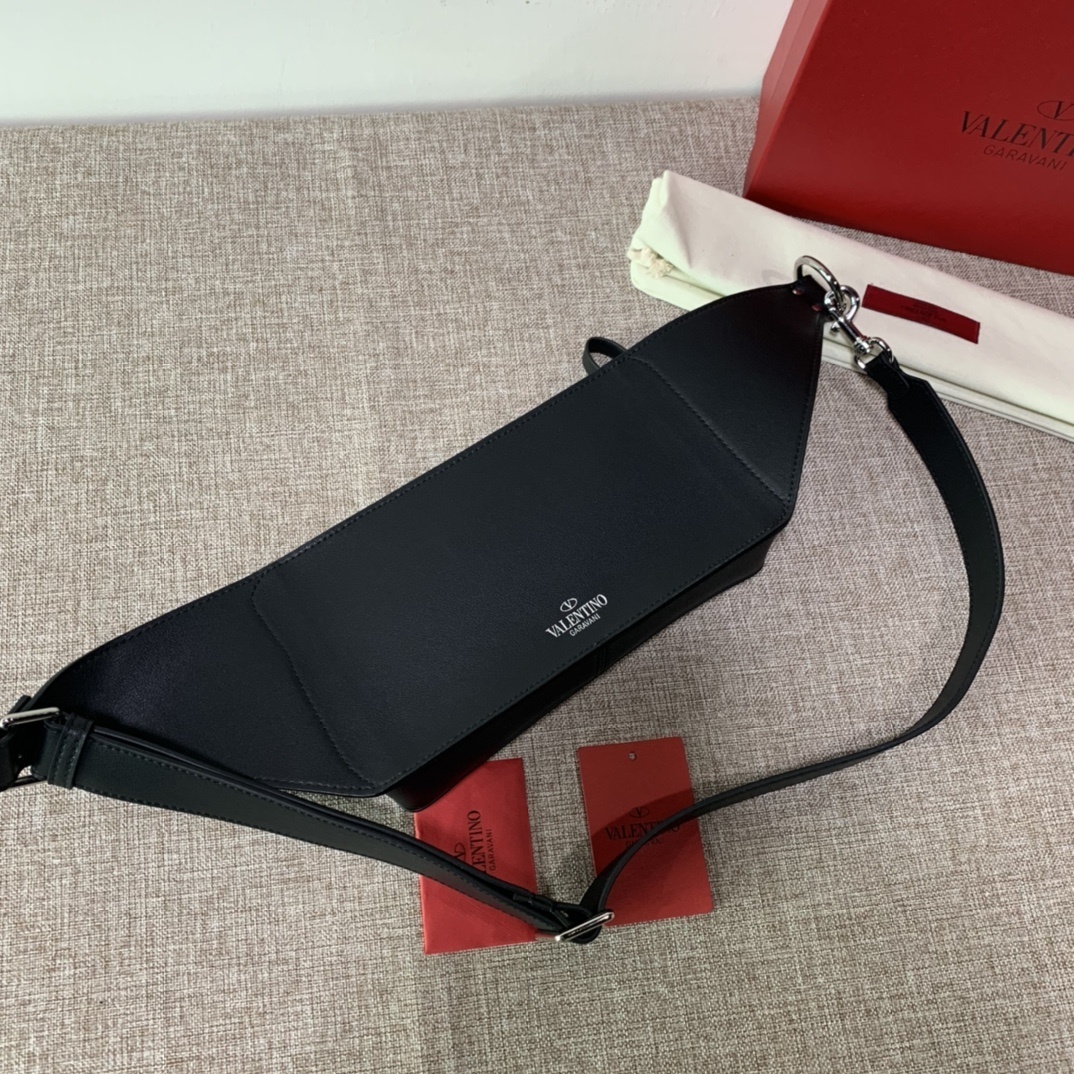 Valentino Garavani VLTN belt bag in black calfskin leather with a blue logo