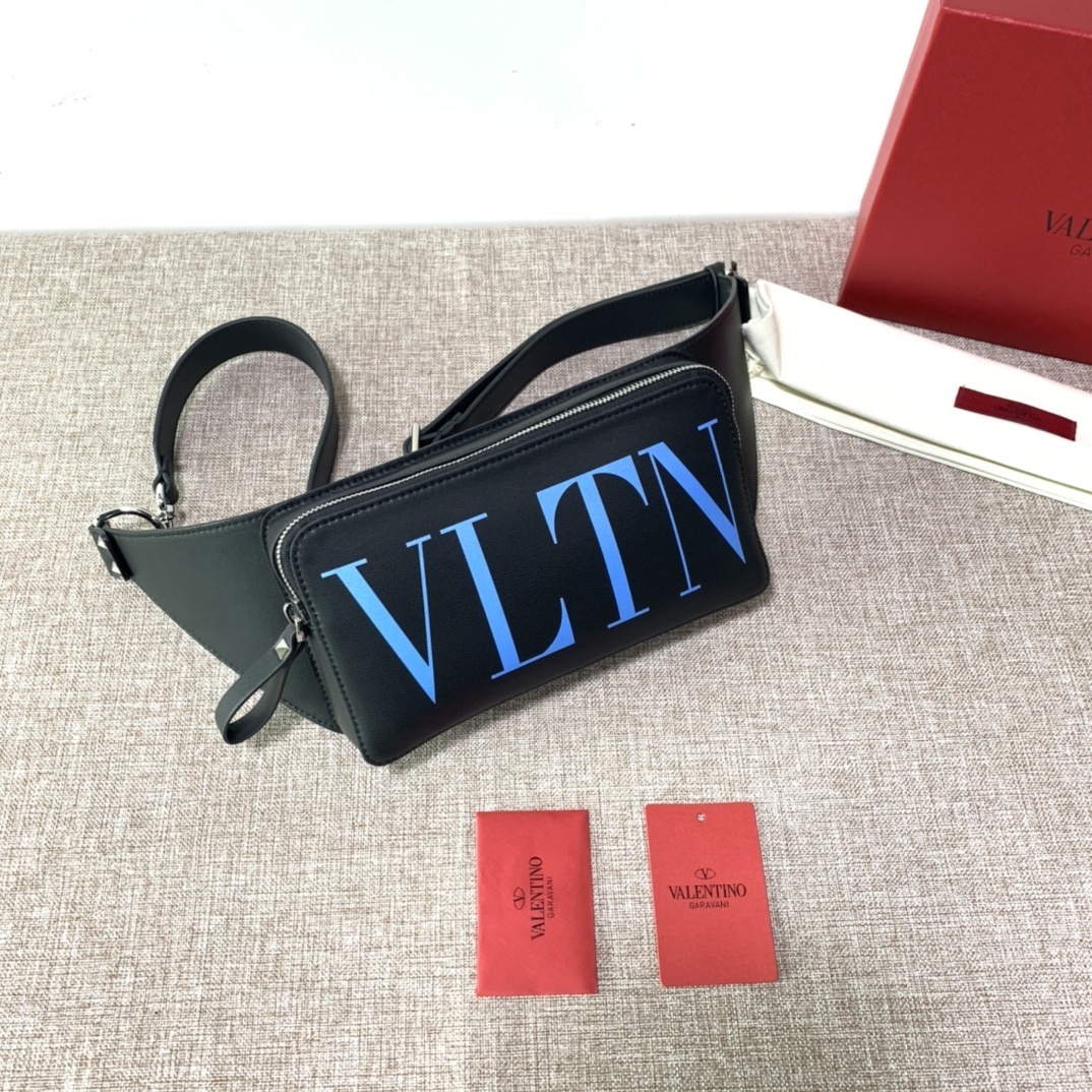 Valentino Garavani VLTN belt bag in black calfskin leather with a blue logo