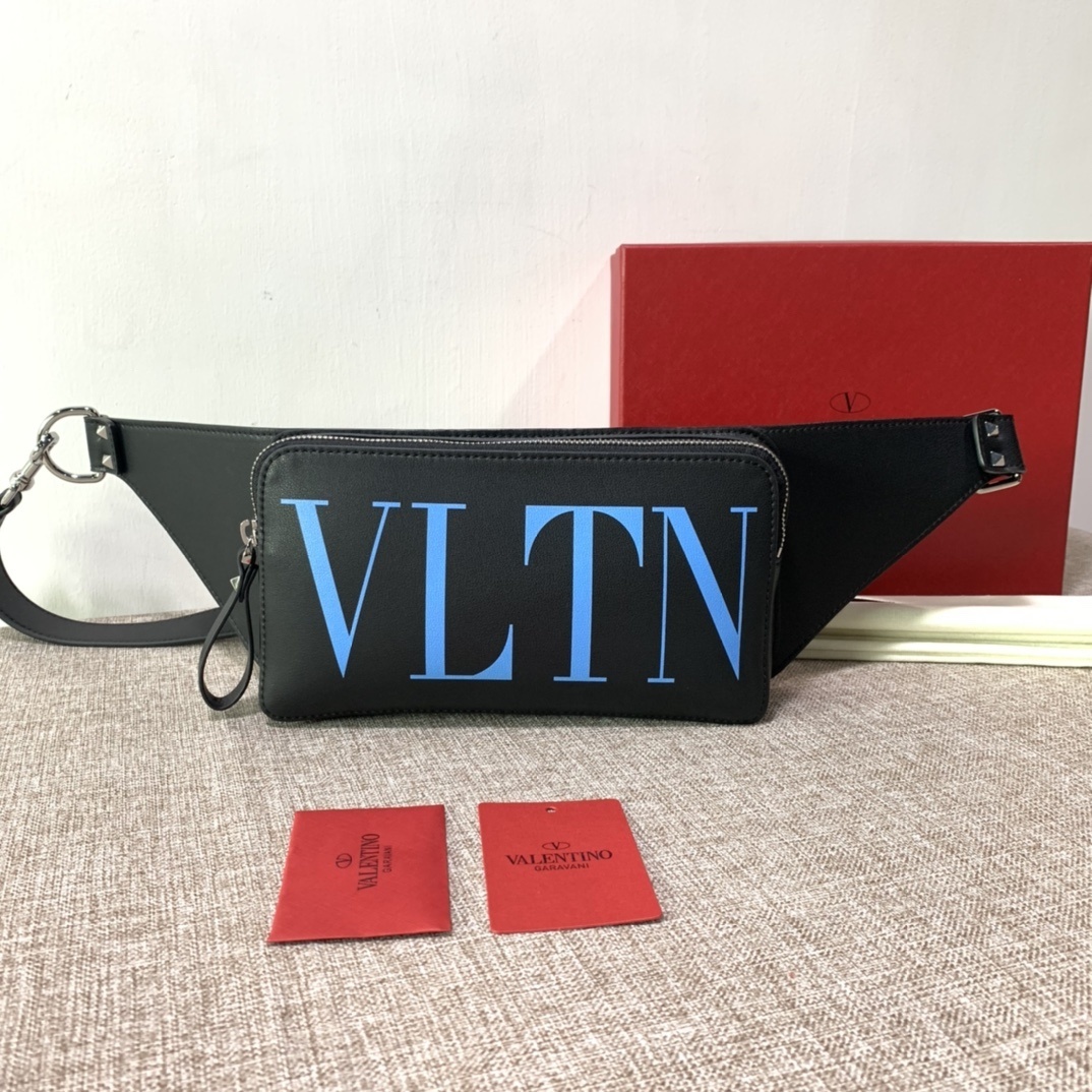 Valentino Garavani VLTN belt bag in black calfskin leather with a blue logo