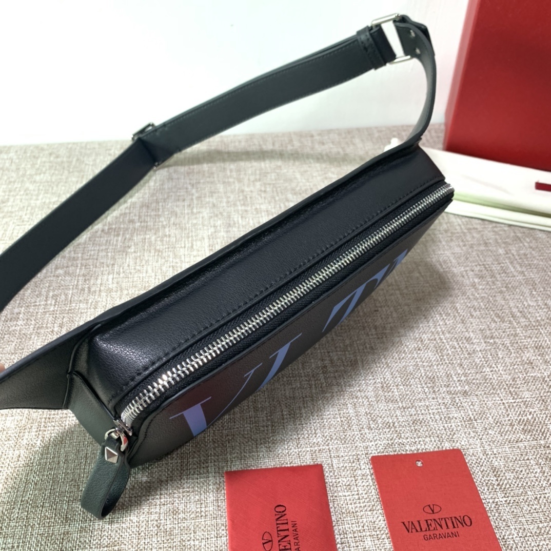Valentino Garavani VLTN belt bag in black calfskin leather with a blue logo