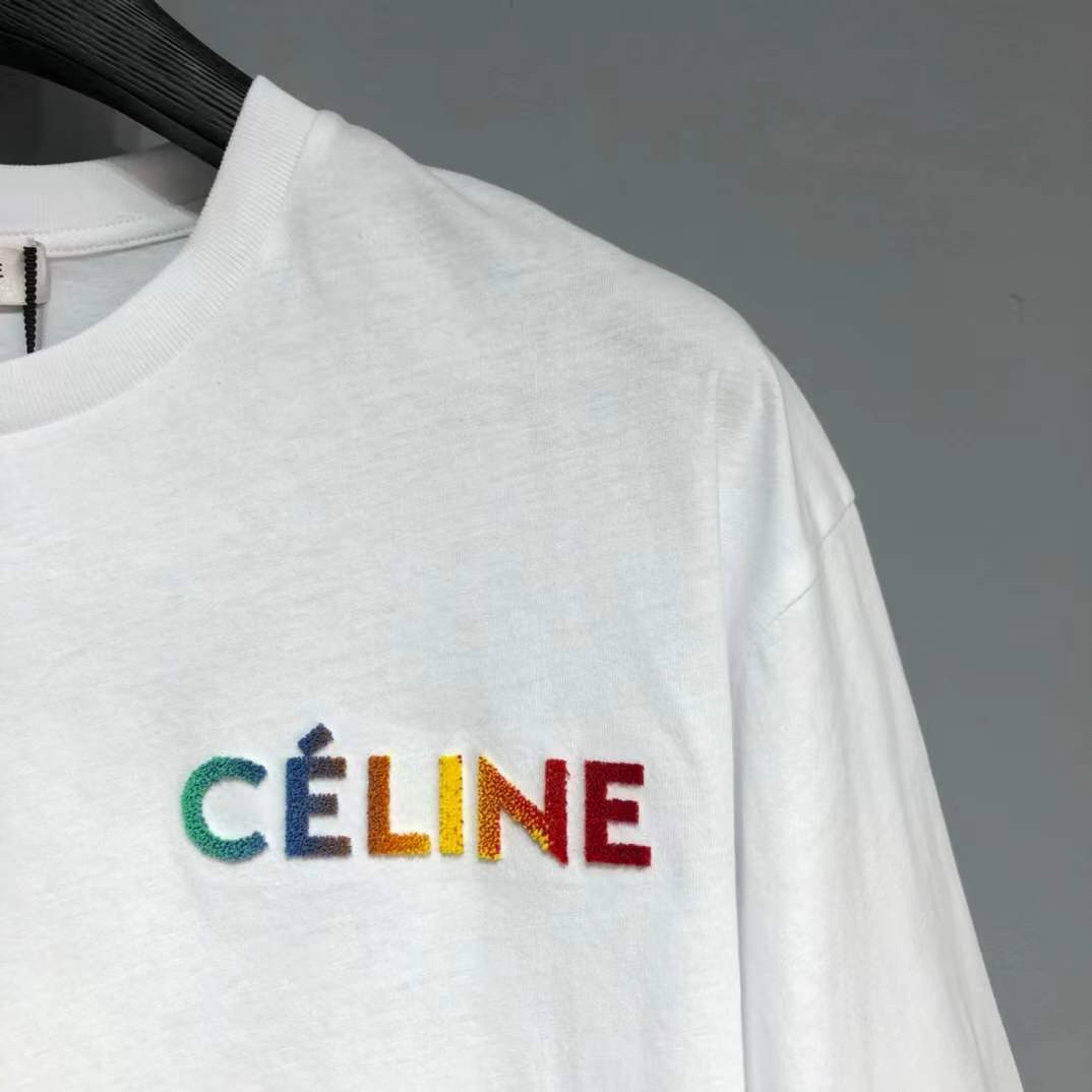 Celine T-shirt is crafted from cotton jersey and features a multicoloured logo print on the chest