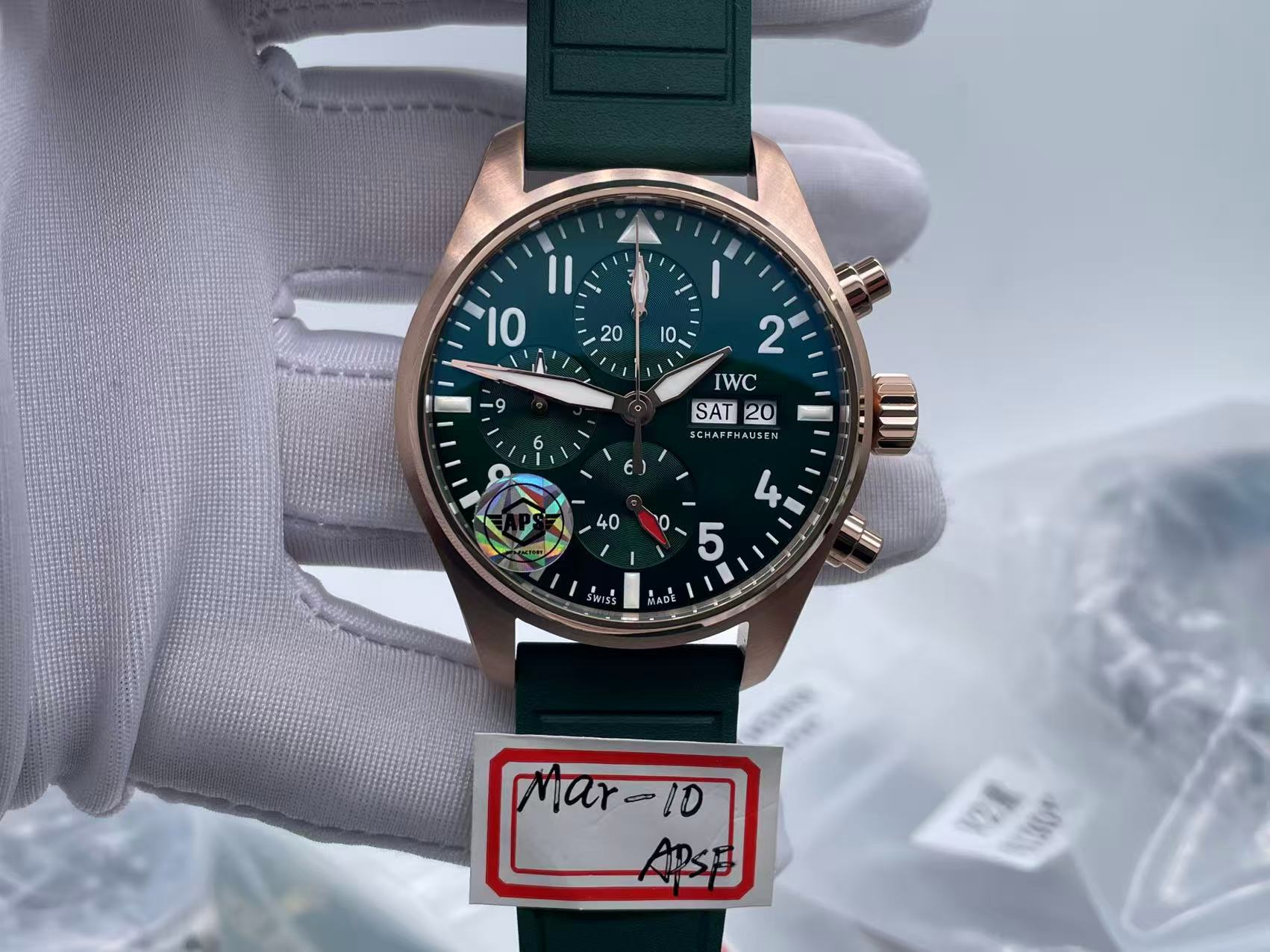 IWC Pilot Chrono lW388110 RG APSF 1:1 Best Edition Green Dialon Green Leather Strap SA69385 Super Clone