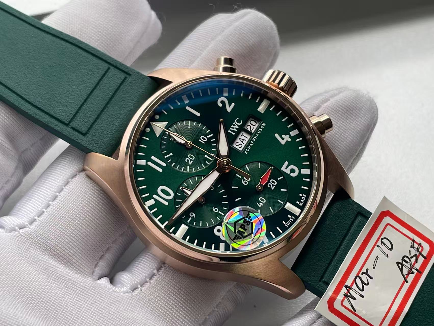 IWC Pilot Chrono lW388110 RG APSF 1:1 Best Edition Green Dialon Green Leather Strap SA69385 Super Clone