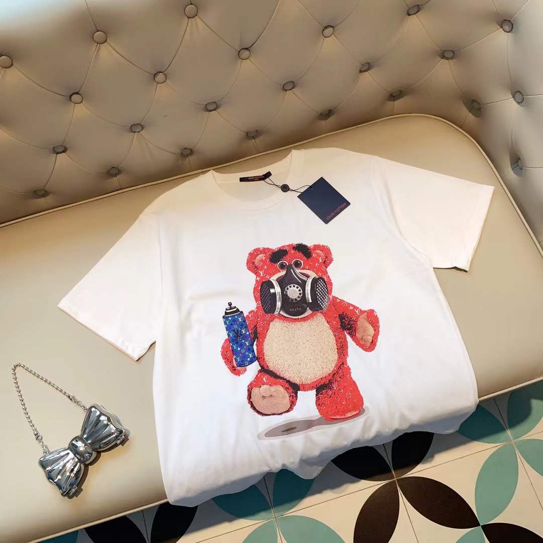 LV white cotton T-shirt featuring a multicolor rhinestone graphic of a Teddy Bear wearing a gas mask, identified as the Philipp Plein Tutti Frutti Cotton T-shirt