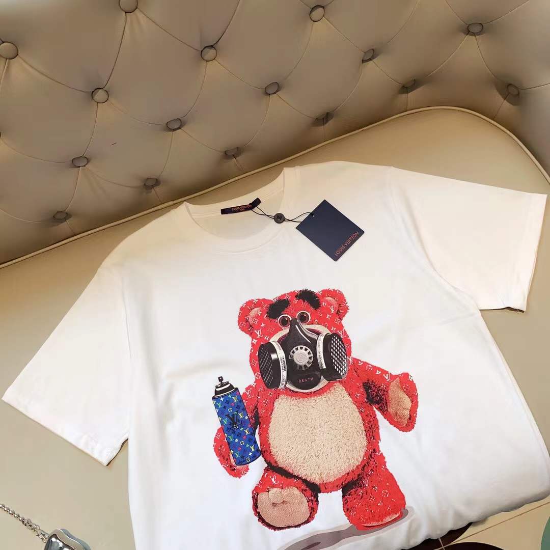LV white cotton T-shirt featuring a multicolor rhinestone graphic of a Teddy Bear wearing a gas mask, identified as the Philipp Plein Tutti Frutti Cotton T-shirt