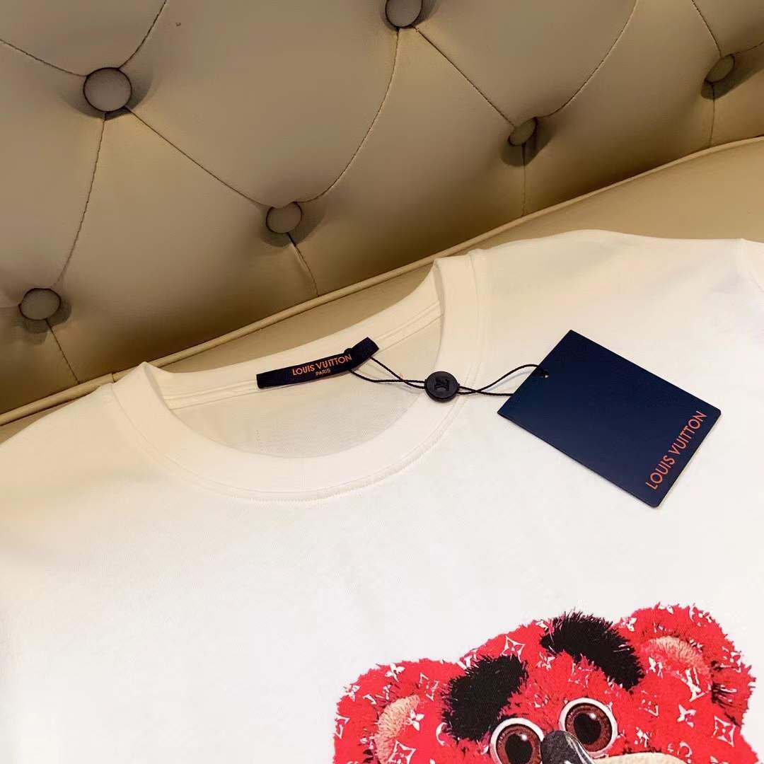 LV white cotton T-shirt featuring a multicolor rhinestone graphic of a Teddy Bear wearing a gas mask, identified as the Philipp Plein Tutti Frutti Cotton T-shirt