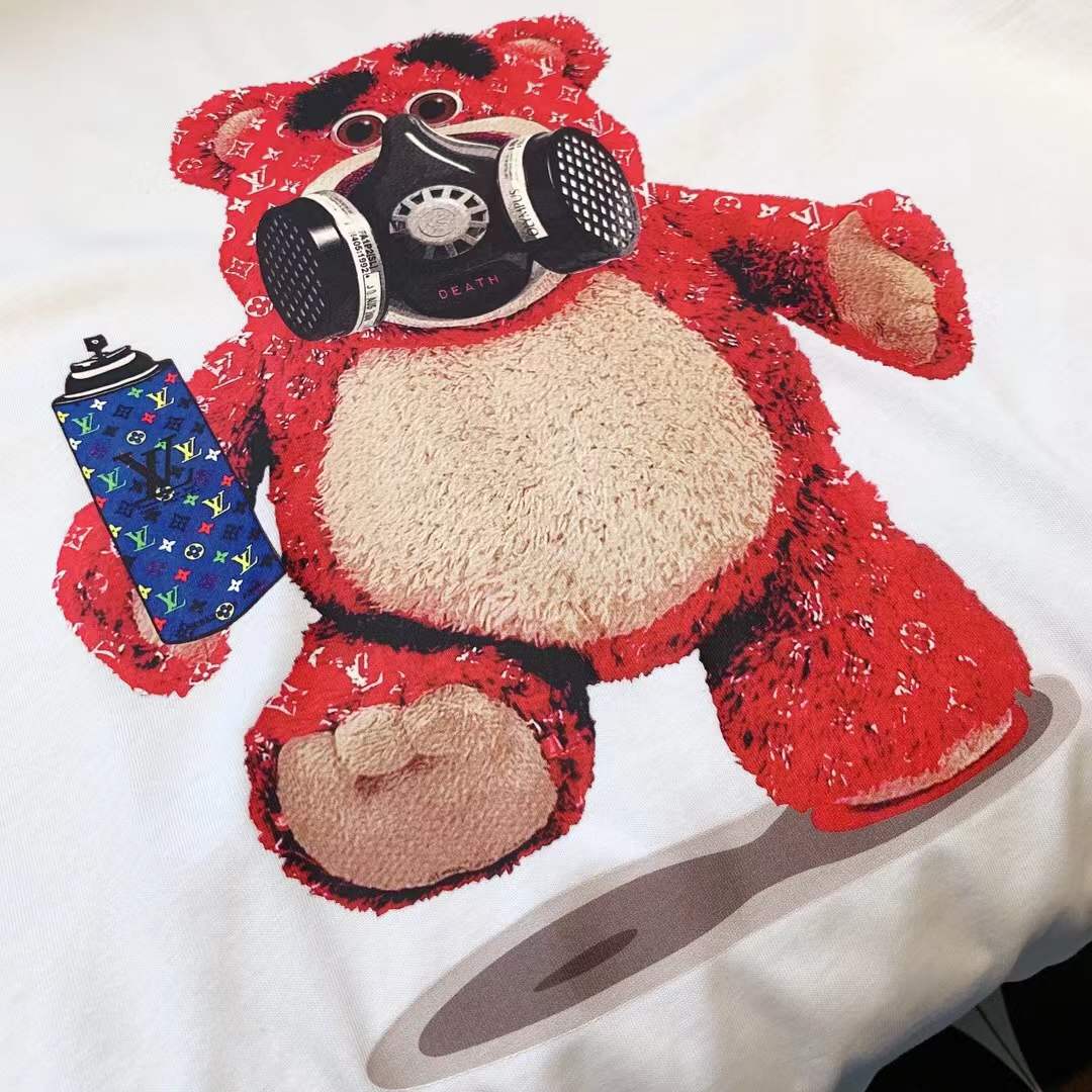 LV white cotton T-shirt featuring a multicolor rhinestone graphic of a Teddy Bear wearing a gas mask, identified as the Philipp Plein Tutti Frutti Cotton T-shirt