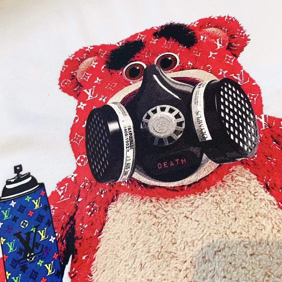 LV white cotton T-shirt featuring a multicolor rhinestone graphic of a Teddy Bear wearing a gas mask, identified as the Philipp Plein Tutti Frutti Cotton T-shirt