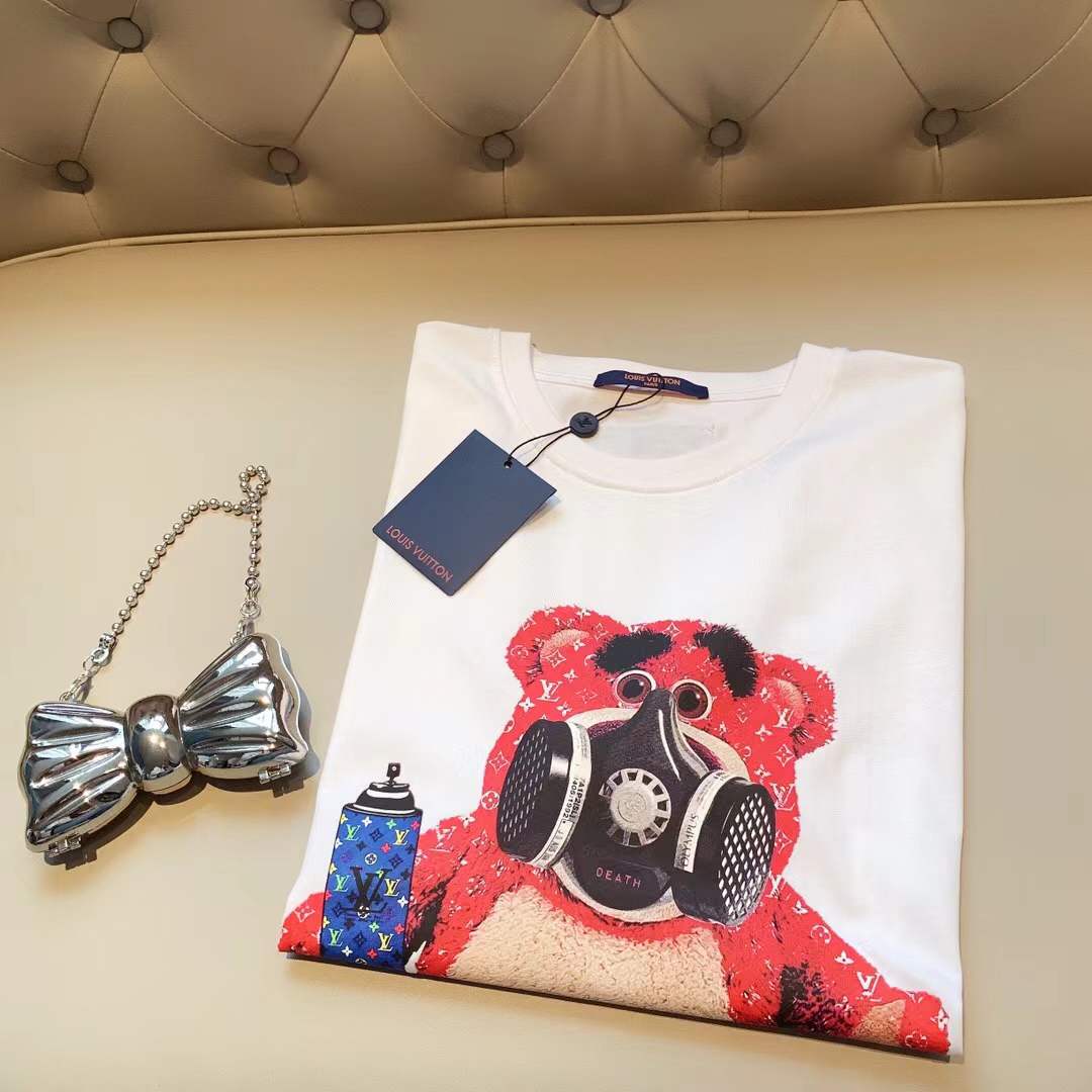 LV white cotton T-shirt featuring a multicolor rhinestone graphic of a Teddy Bear wearing a gas mask, identified as the Philipp Plein Tutti Frutti Cotton T-shirt