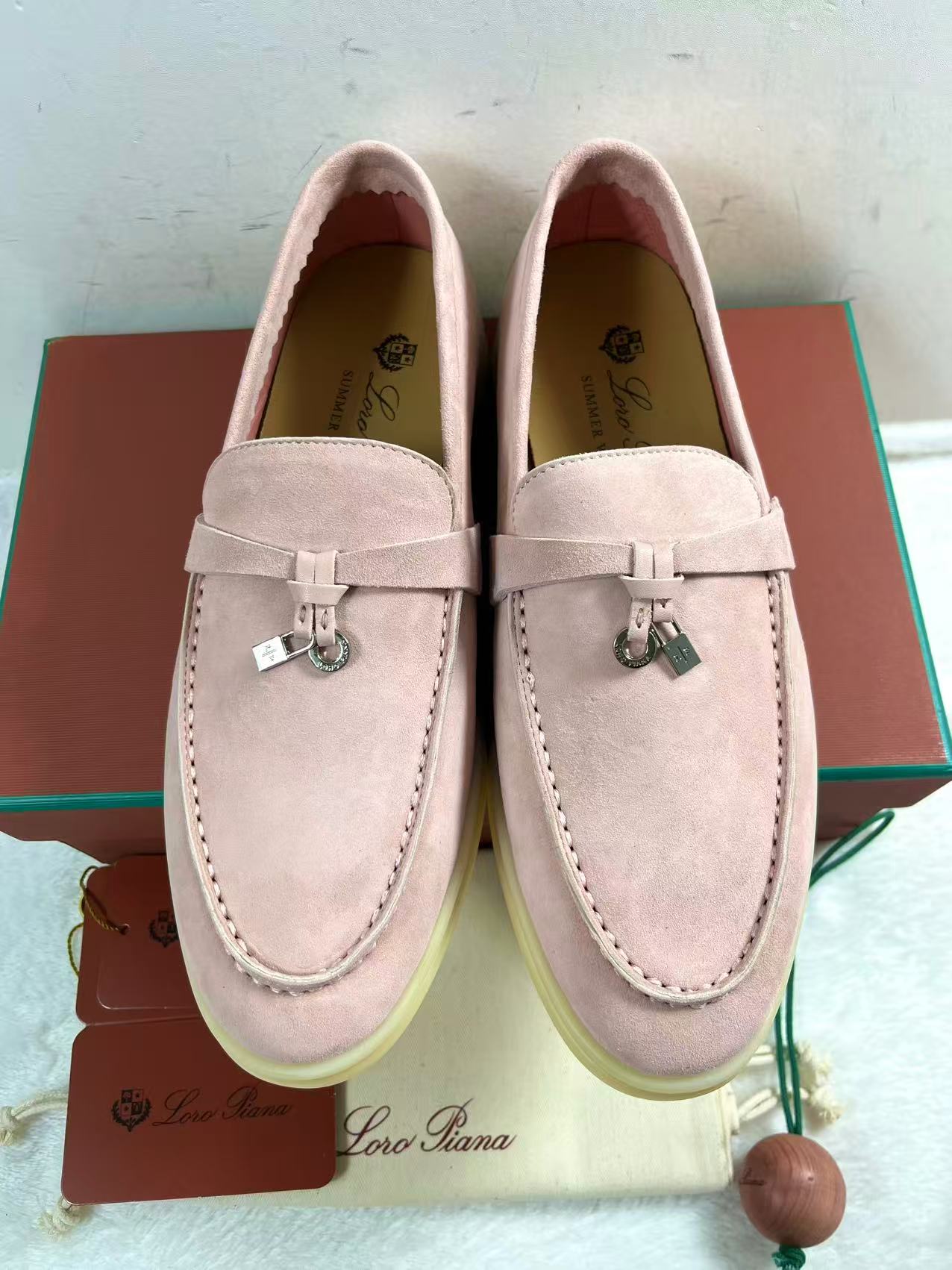 Loro Piana Summer Charms Walk loafers in a pink suede finish
