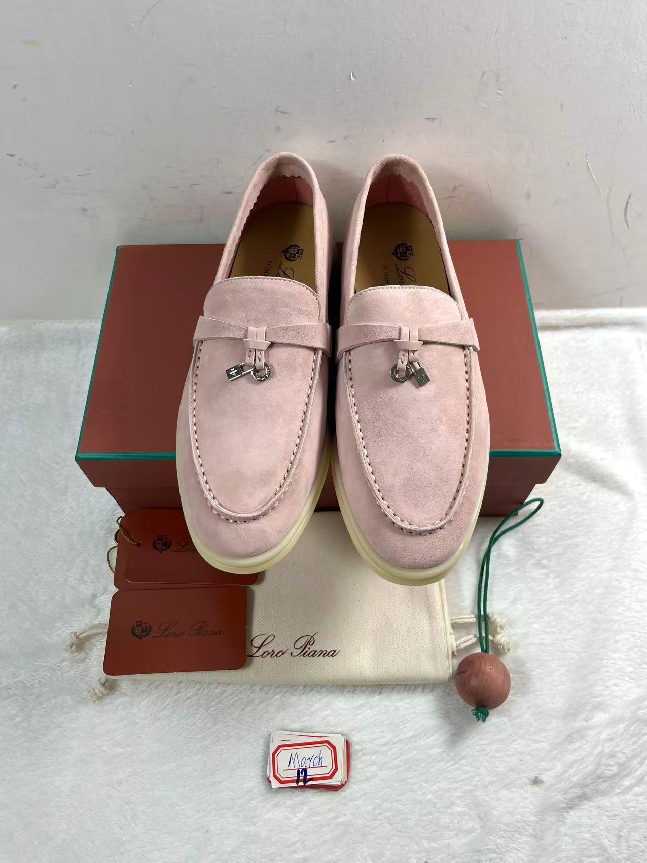 Loro Piana Summer Charms Walk loafers in a pink suede finish