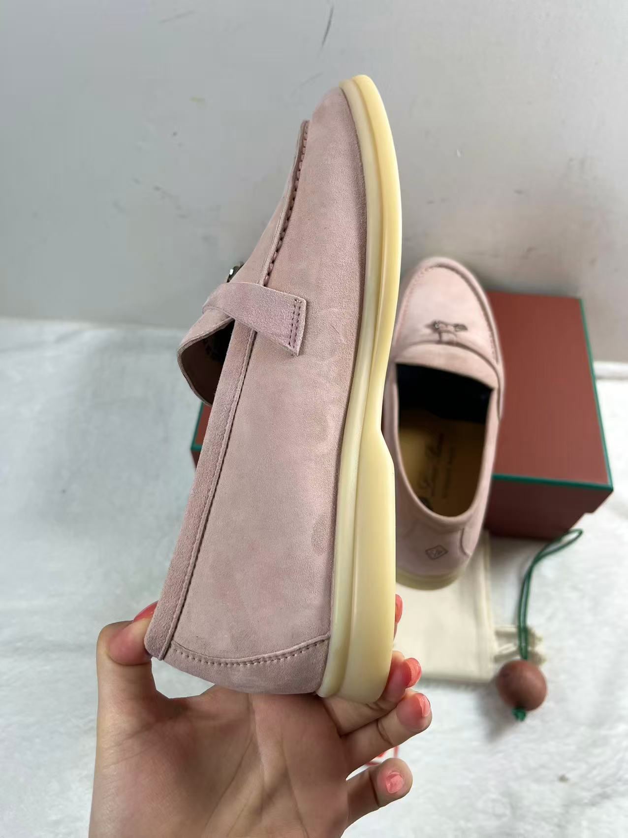 Loro Piana Summer Charms Walk loafers in a pink suede finish