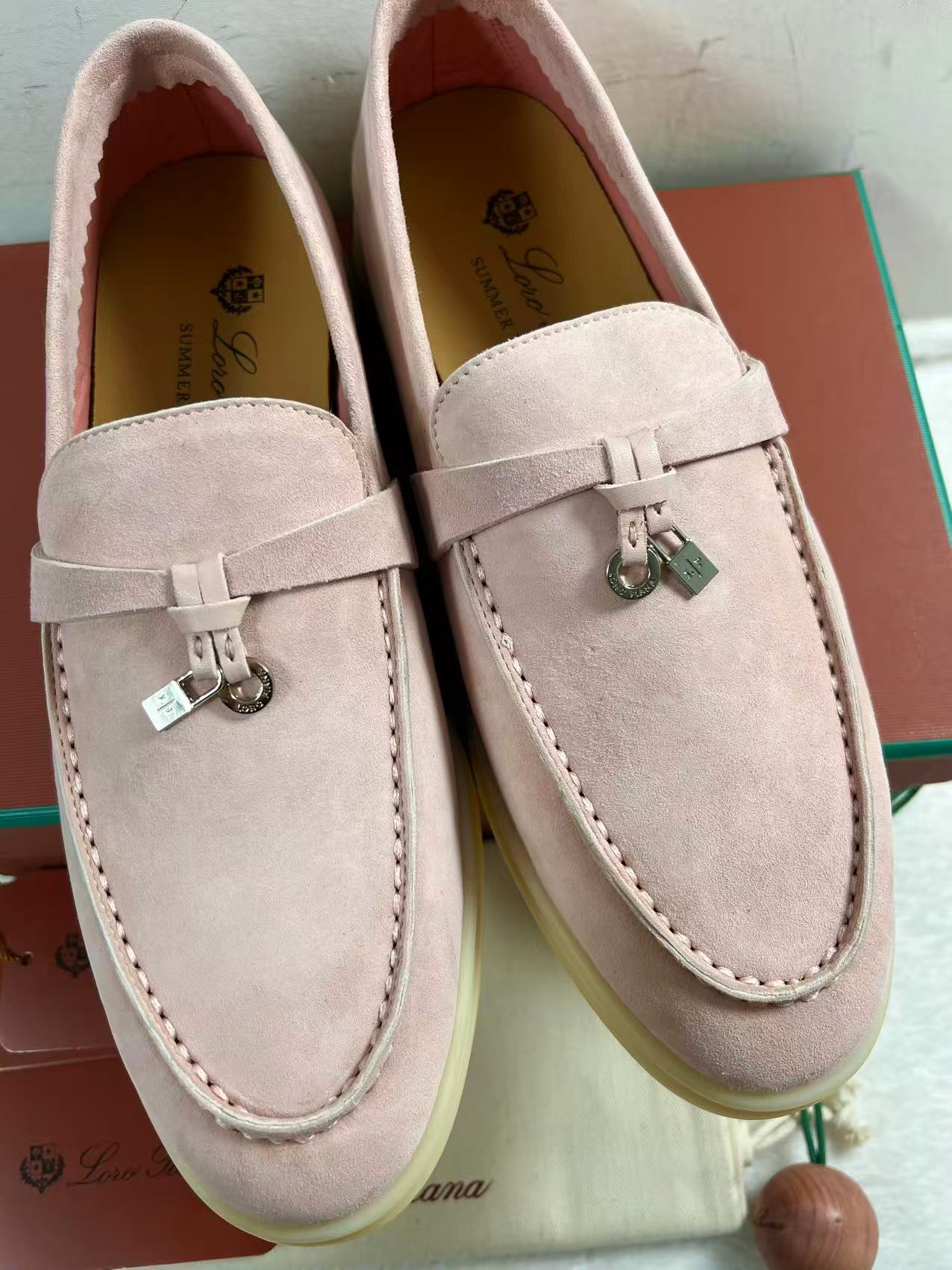 Loro Piana Summer Charms Walk loafers in a pink suede finish