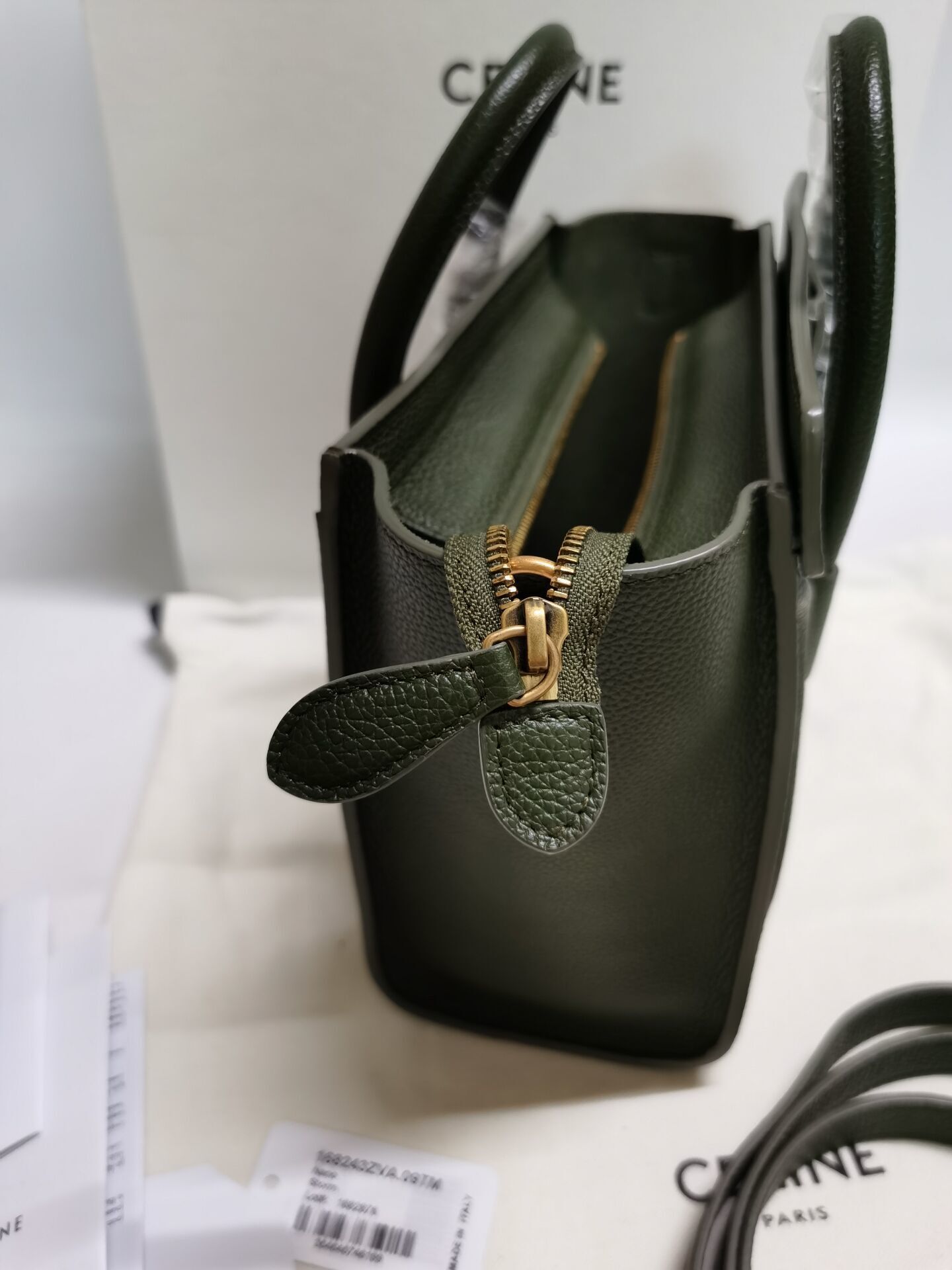 Celine Luggage Nano bag in olive green leather