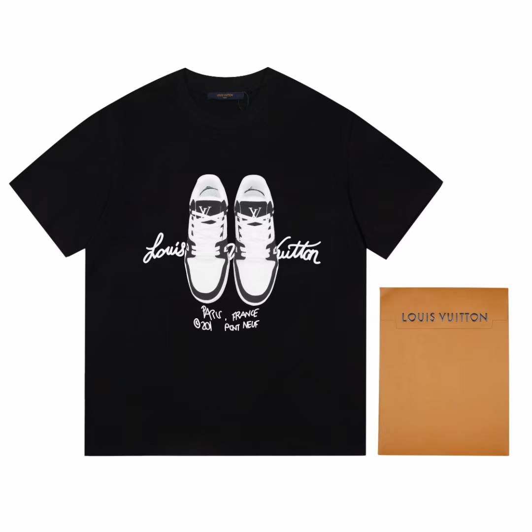LV cotton t-shirt featuring a graphic print of shoes on the front