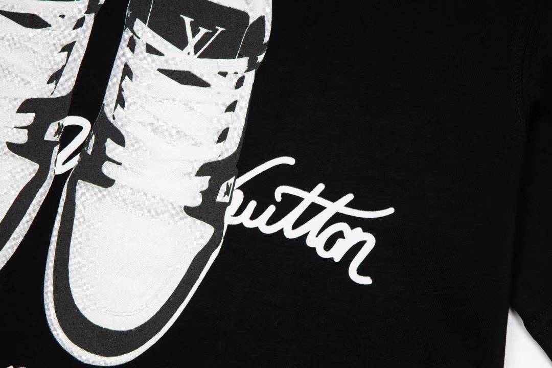 LV cotton t-shirt featuring a graphic print of shoes on the front