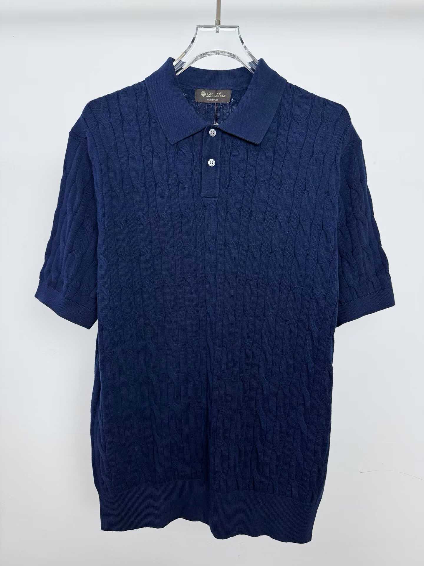 Loro piana short-sleeve cable knit polo shirt in navy