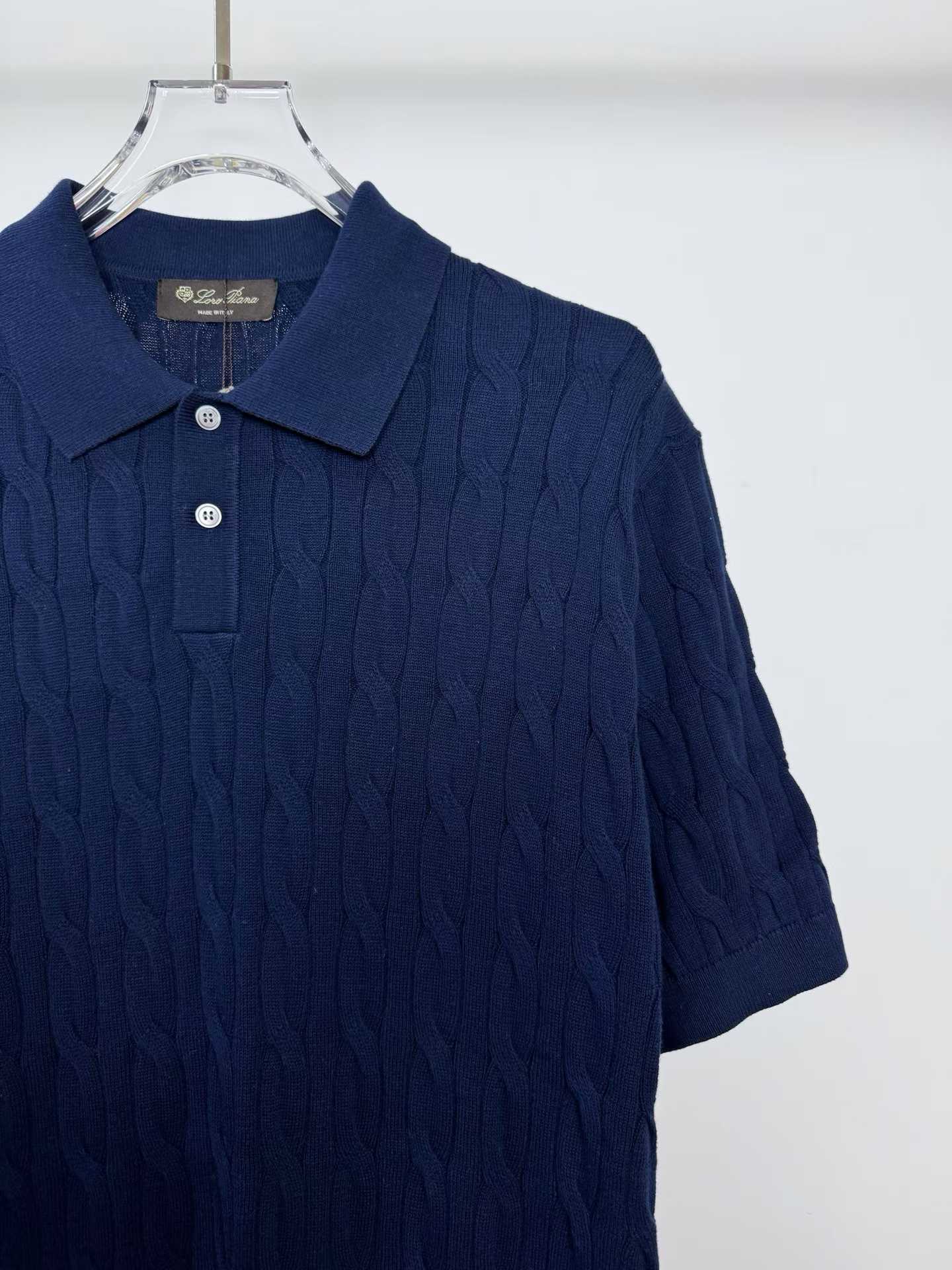 Loro piana short-sleeve cable knit polo shirt in navy