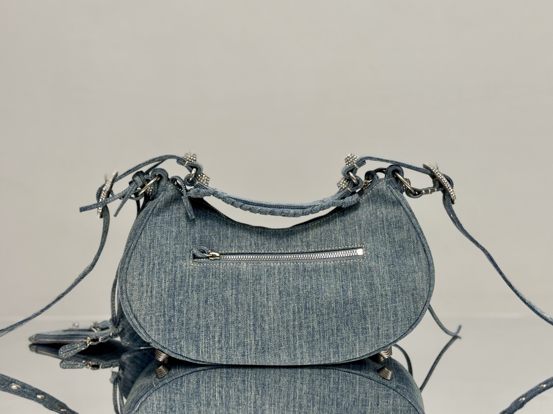Balenciaga Le Cagole Small Shoulder Bag in blue denim with rhinestones