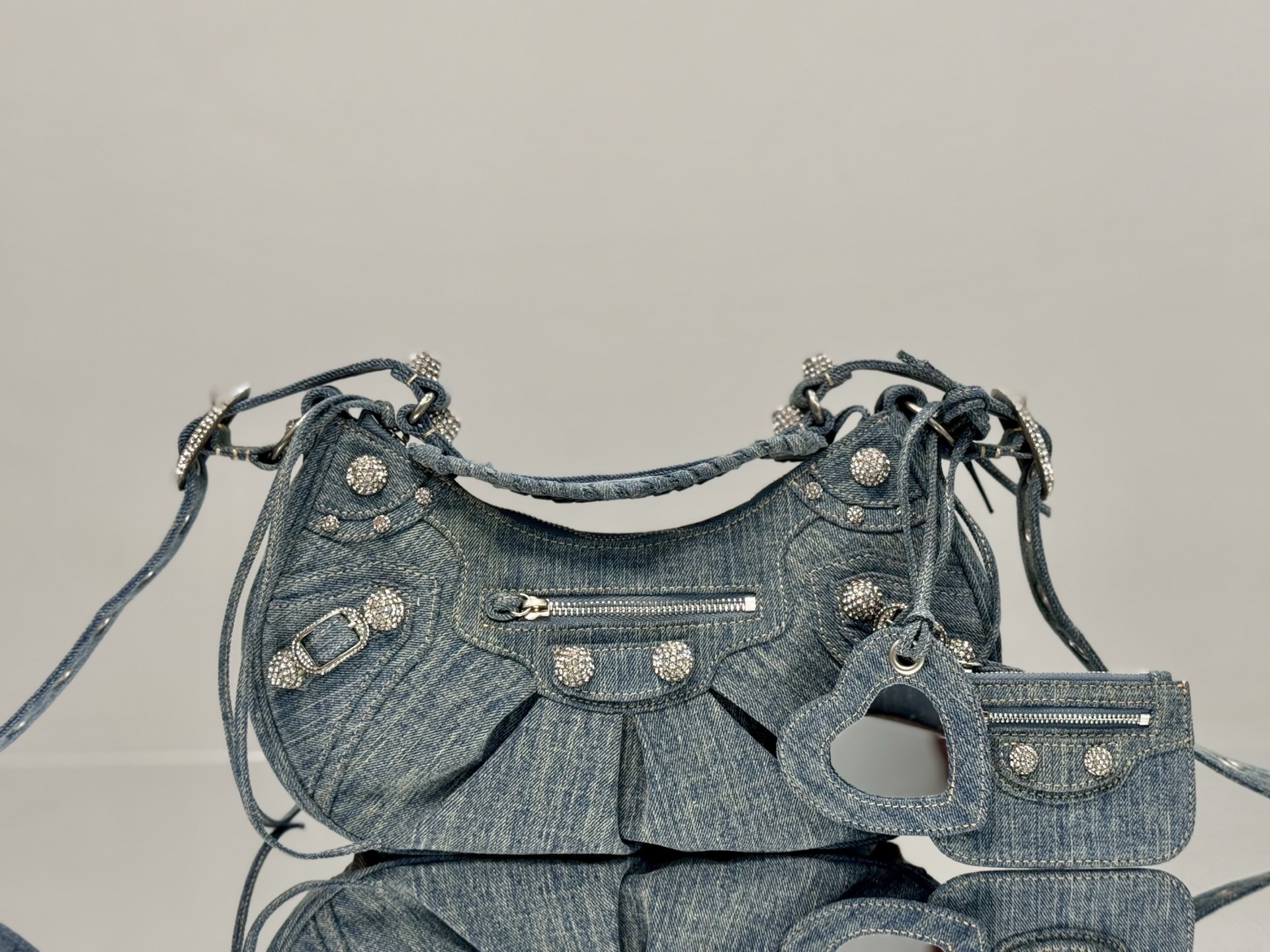 Balenciaga Le Cagole Small Shoulder Bag in blue denim with rhinestones