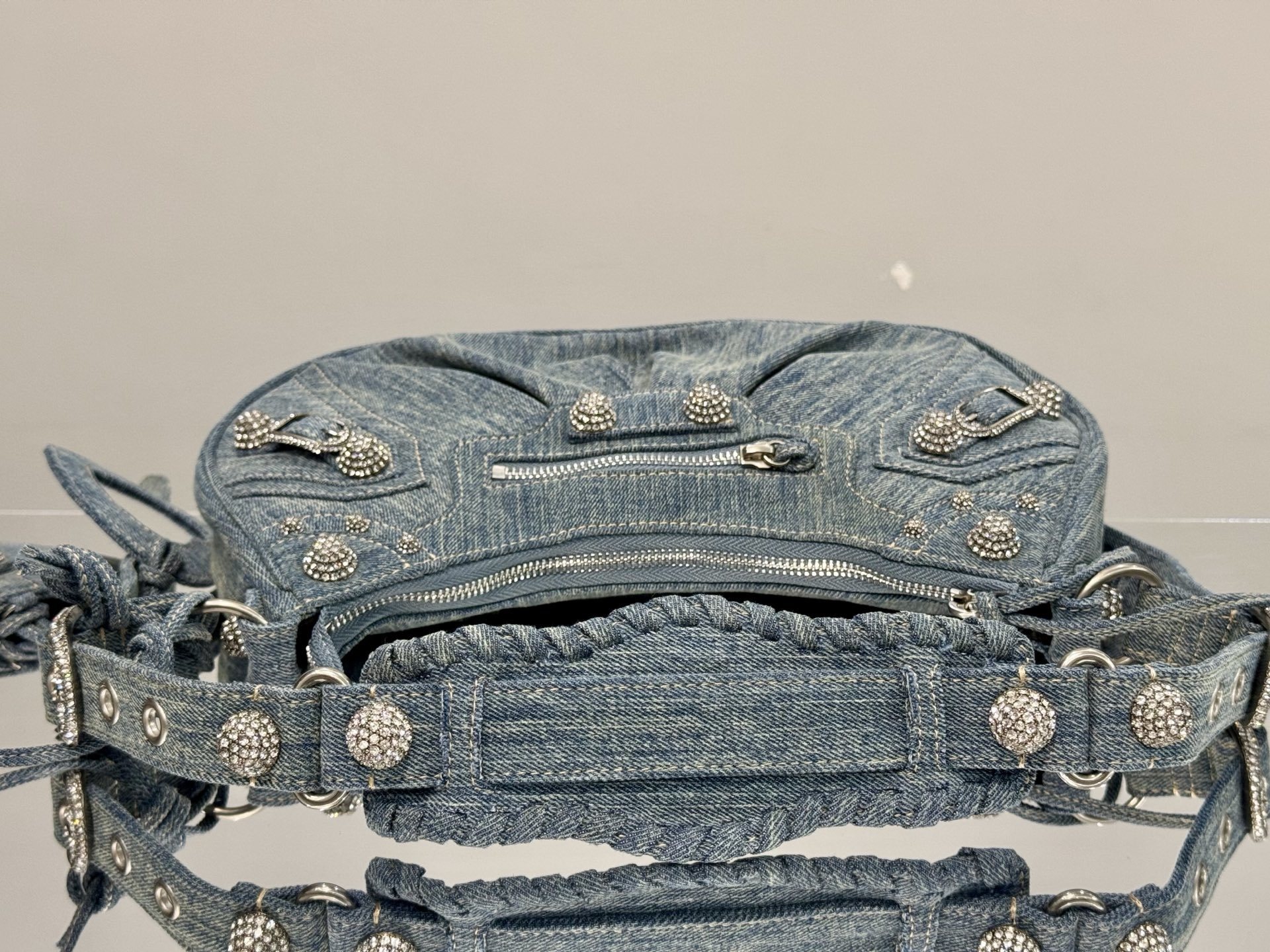 Balenciaga Le Cagole Small Shoulder Bag in blue denim with rhinestones