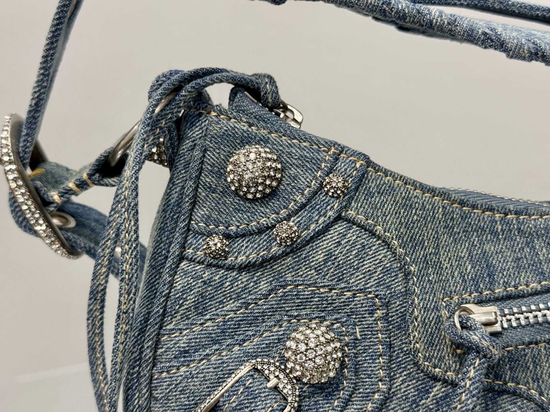 Balenciaga Le Cagole Small Shoulder Bag in blue denim with rhinestones