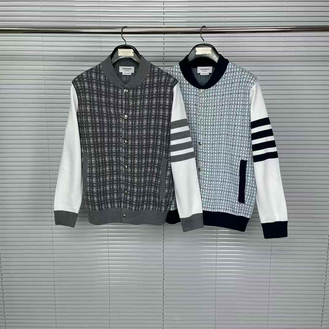 Thom Browne check jacquard 4-bar stripe bomber jacket in grey