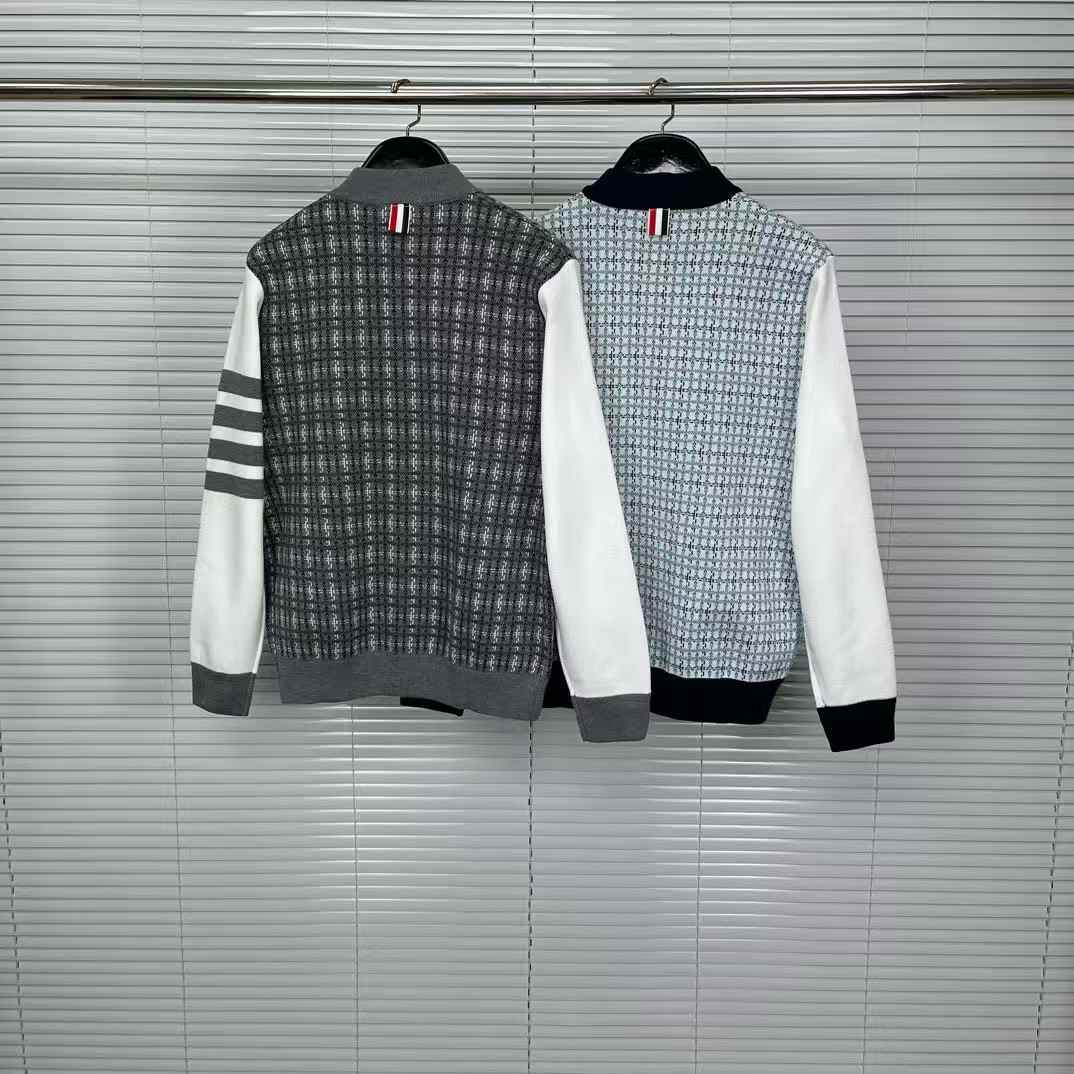 Thom Browne check jacquard 4-bar stripe bomber jacket in grey