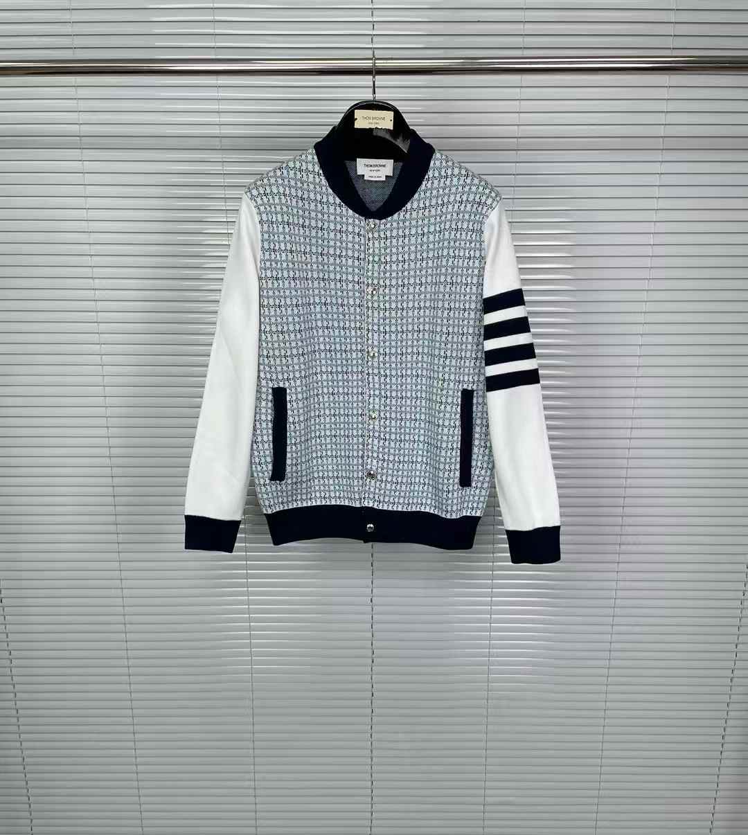 Thom Browne check jacquard 4-bar stripe bomber jacket in grey