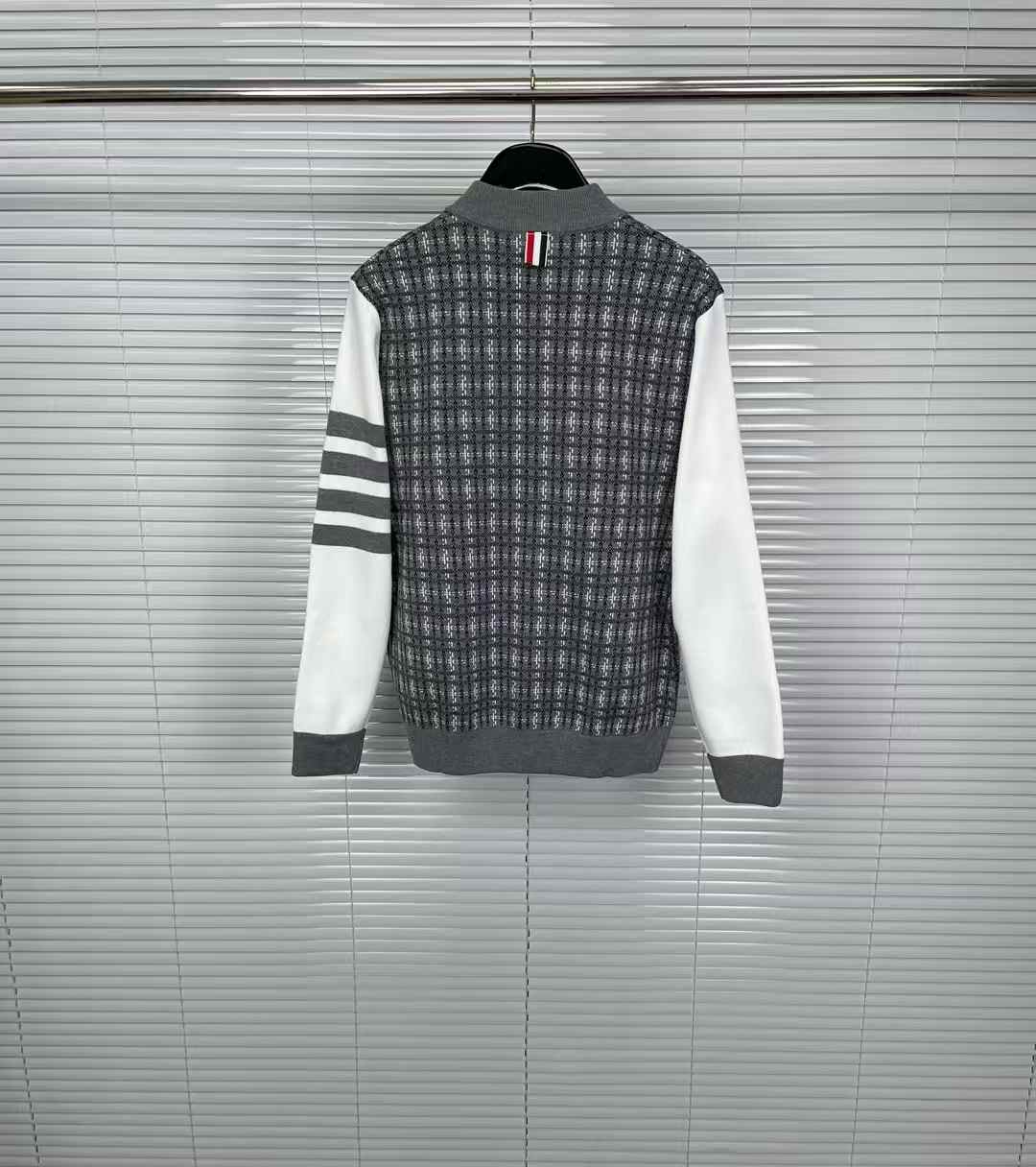 Thom Browne check jacquard 4-bar stripe bomber jacket in grey