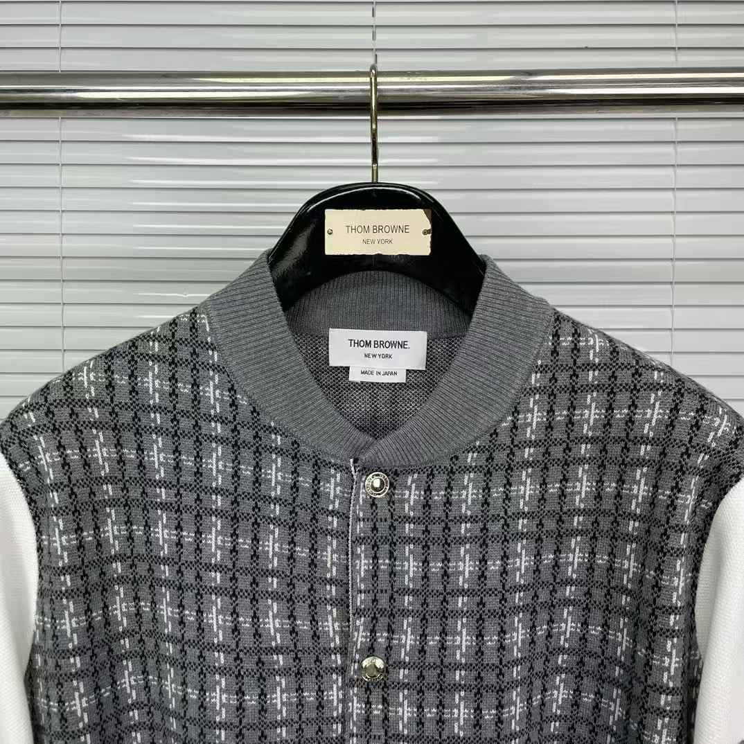 Thom Browne check jacquard 4-bar stripe bomber jacket in grey