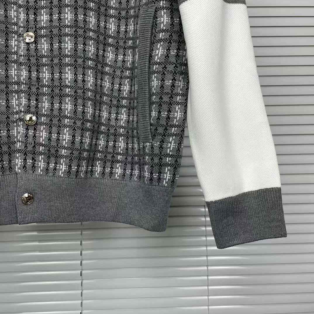 Thom Browne check jacquard 4-bar stripe bomber jacket in grey