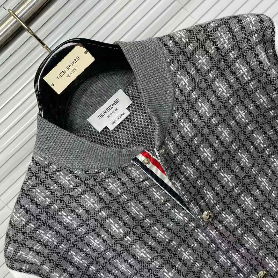 Thom Browne check jacquard 4-bar stripe bomber jacket in grey