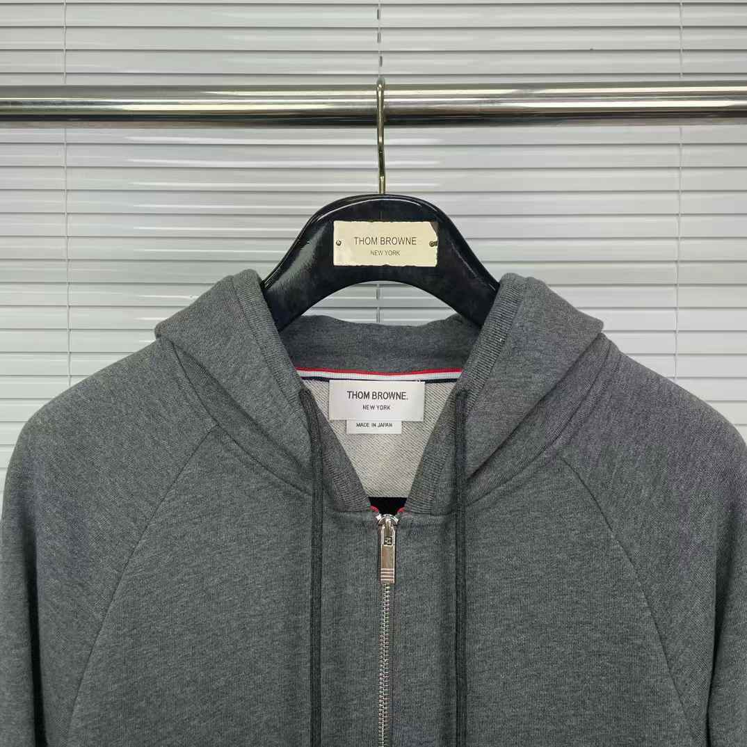 Thom Browne Classic Loopback 4-Bar Zip-Up Hoodie in dark grey.