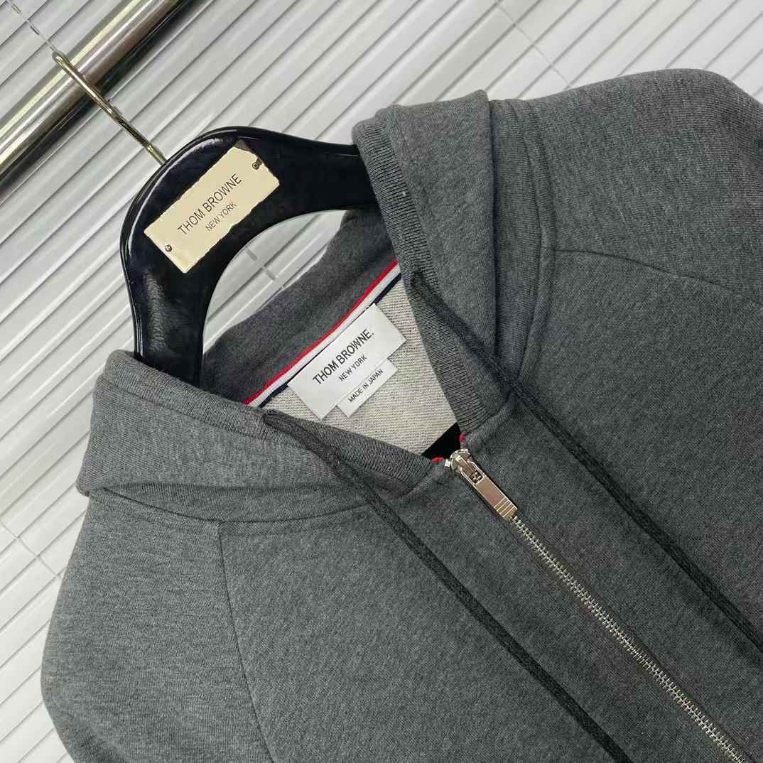 Thom Browne Classic Loopback 4-Bar Zip-Up Hoodie in dark grey.
