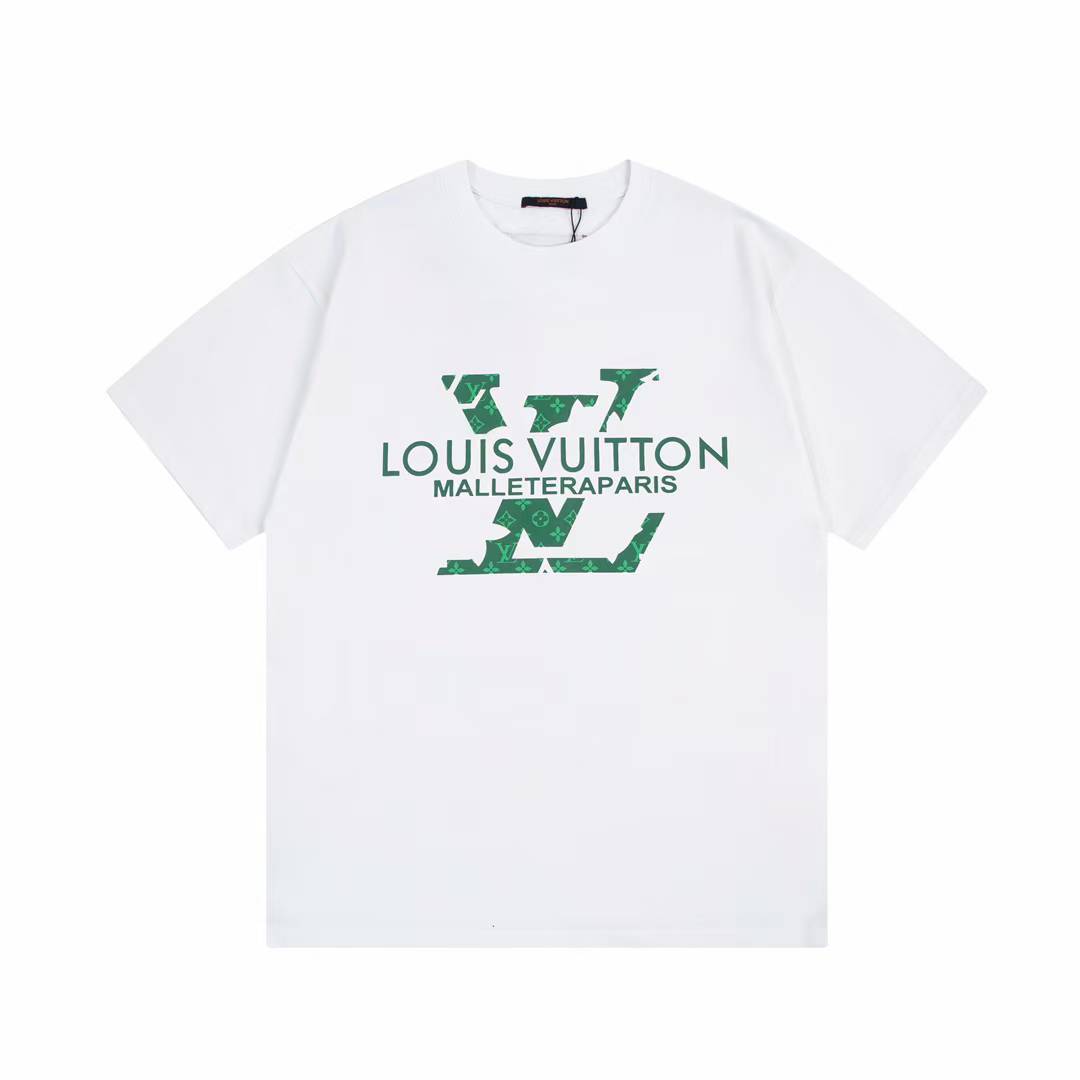LV Men's White T-shirt features a distinctive green logo print with floral accents and the text "MALLETERAPARIS" underneath